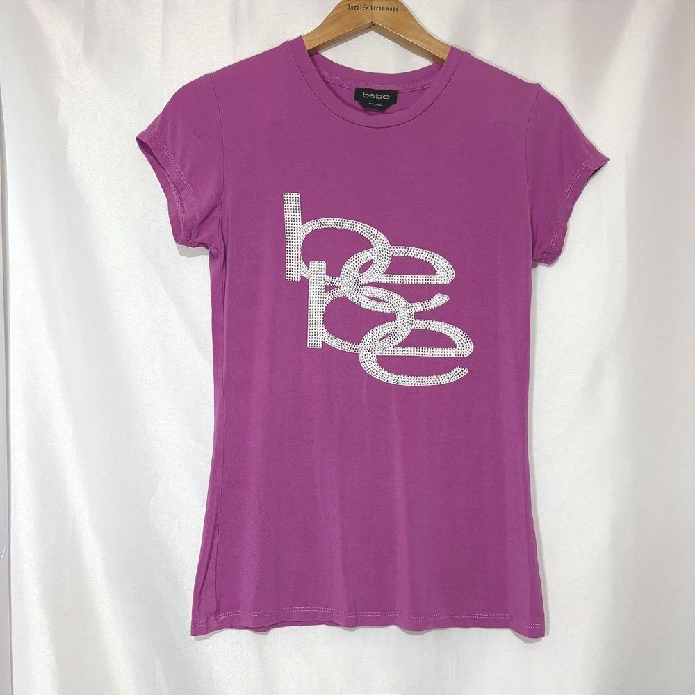 Bebe Womens Purple Rhinestone Logo Short Sleeve T-Shirt Size S Slim Fit Tee